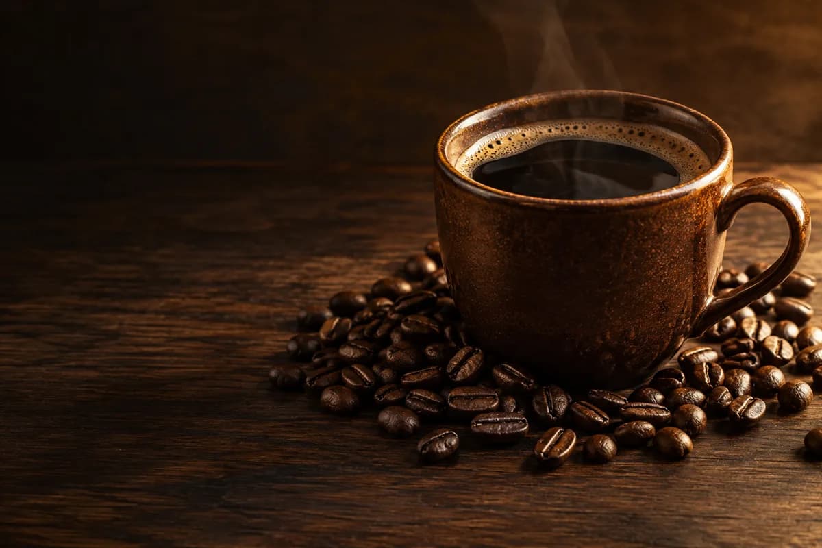 Illustrative still life of a ceramic coffee cup and roasted beans